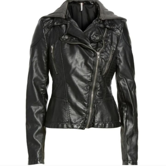 Free People Hooded Vegan Faux Leather Moto Jacket NWT Size Large 12 - Picture 8 of 16